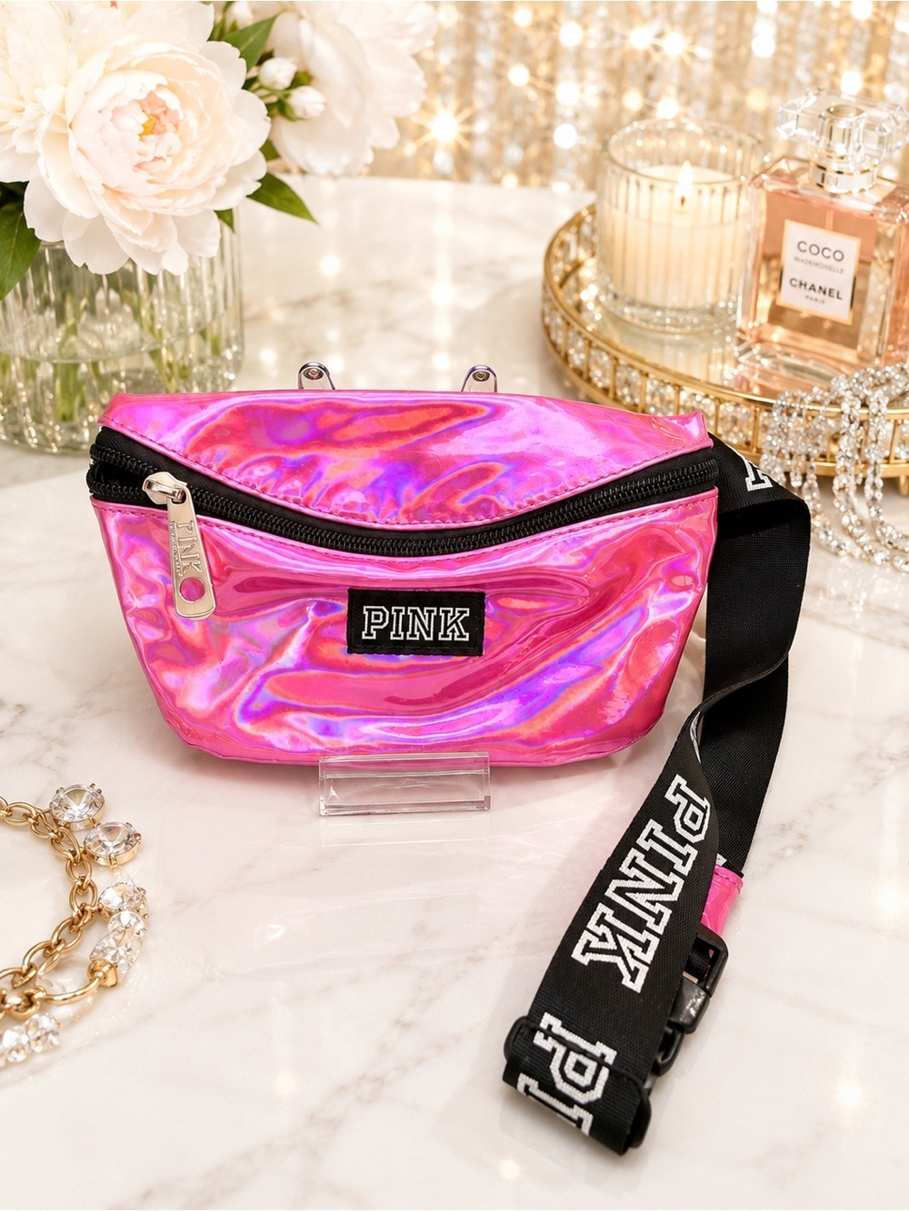PINK Victoria's Secret Holographic Pink Waist Bag